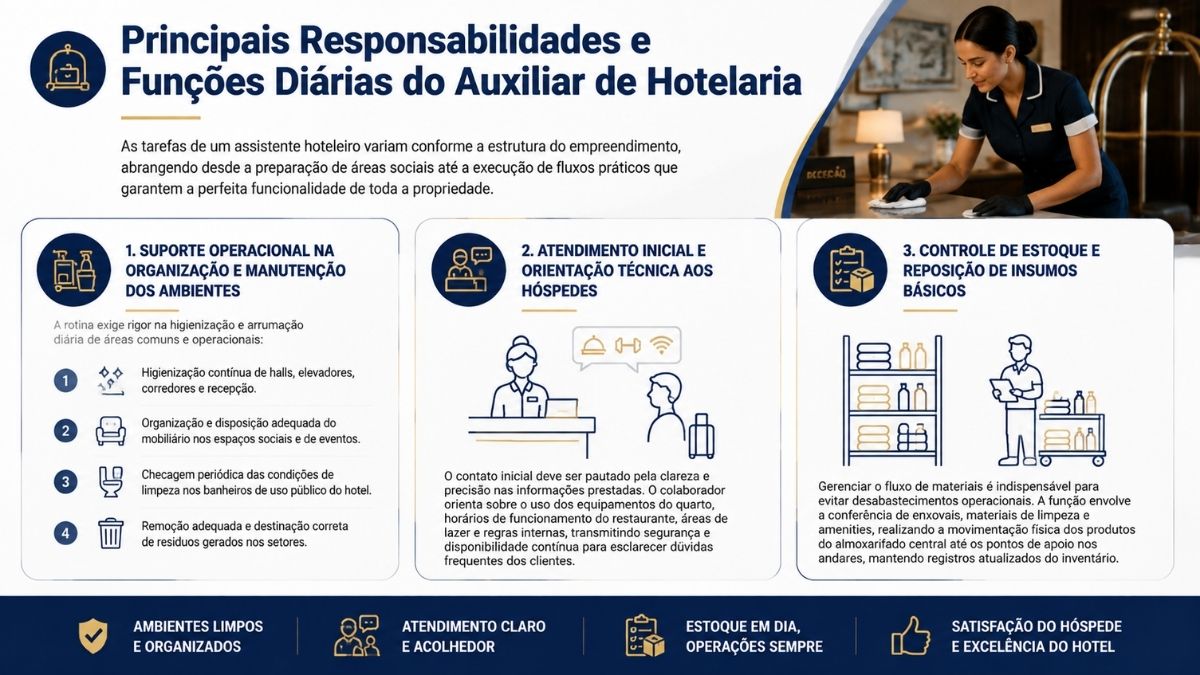 Infográfico detalhando as funções diárias do auxiliar de hotelaria, incluindo organização de ambientes, atendimento inicial a hóspedes e controle de estoque de insumos básicos.