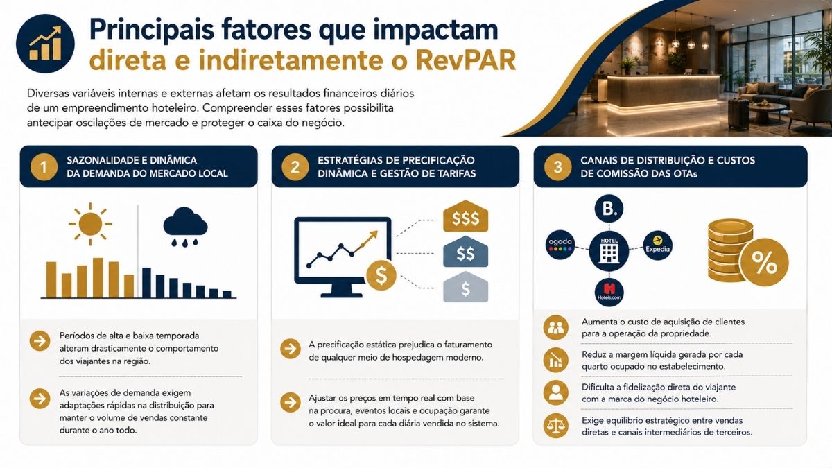 Infográfico explicativo sobre os principais fatores que impactam direta e indiretamente o RevPAR, abordando a sazonalidade da demanda local, precificação dinâmica e os custos de comissão das OTAs no setor hoteleiro.