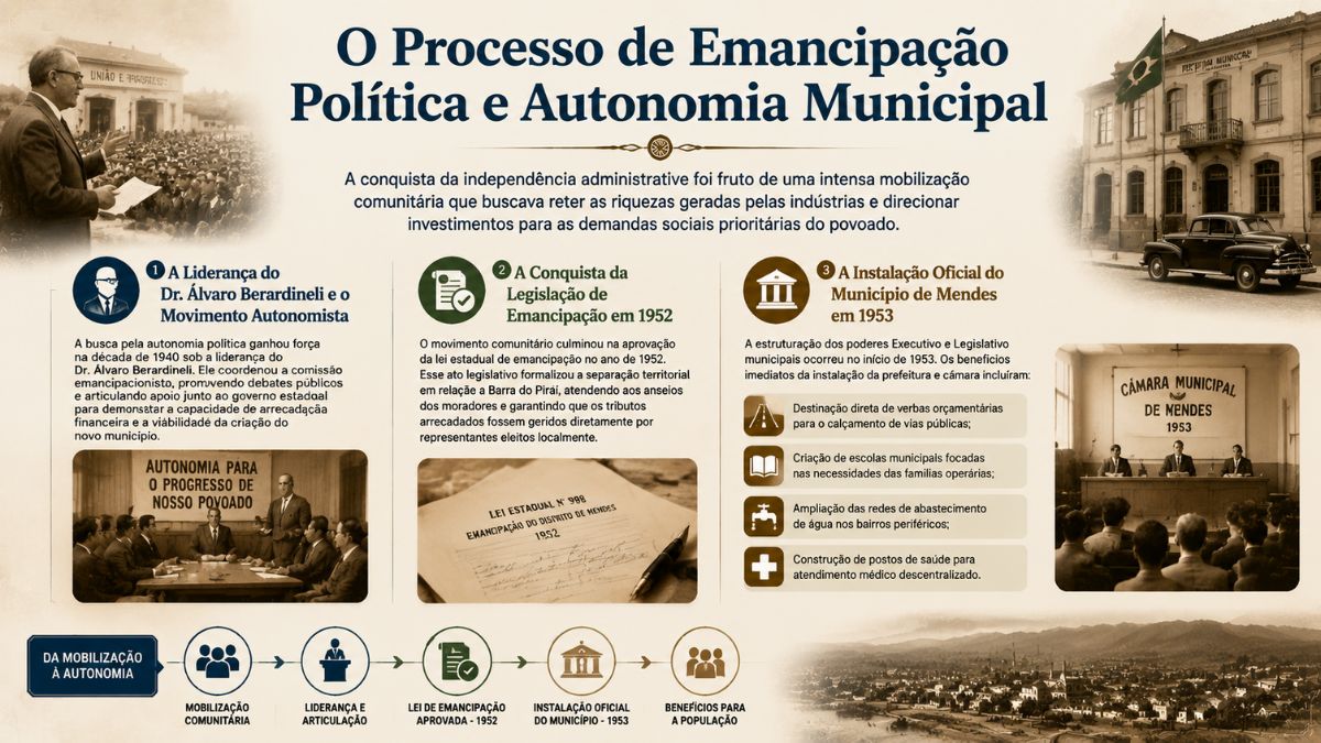 Infográfico sobre a emancipação política de Mendes destacando o Doutor Álvaro Berardineli, a lei estadual de mil novecentos e cinquenta e dois, a instalação oficial em mil novecentos e cinquenta e três com fotos históricas da prefeitura e da câmara municipal.