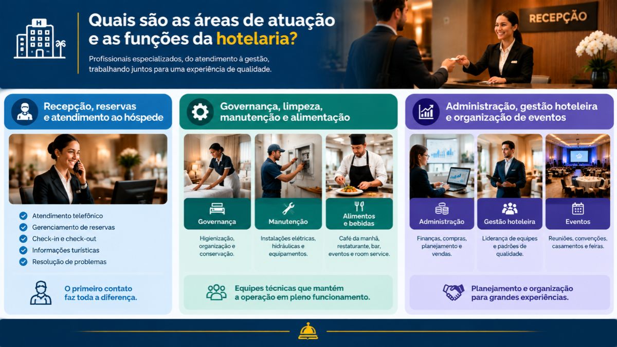 Infográfico detalhando as áreas de atuação e funções da hotelaria, destacando recepção e atendimento ao hóspede, equipes técnicas de governança, manutenção e alimentos, e gestão administrativa com organização de eventos.