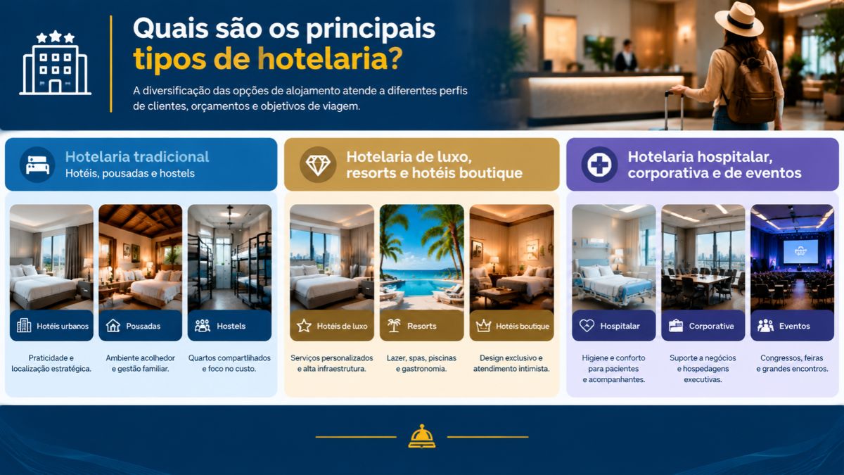 Infográfico apresentando os principais tipos de hotelaria, incluindo categorias tradicionais como hotéis urbanos, pousadas e hostels, hospedagens de luxo como resorts e hotéis boutique, e segmentos especializados como hotelaria hospitalar, corporativa e de eventos.