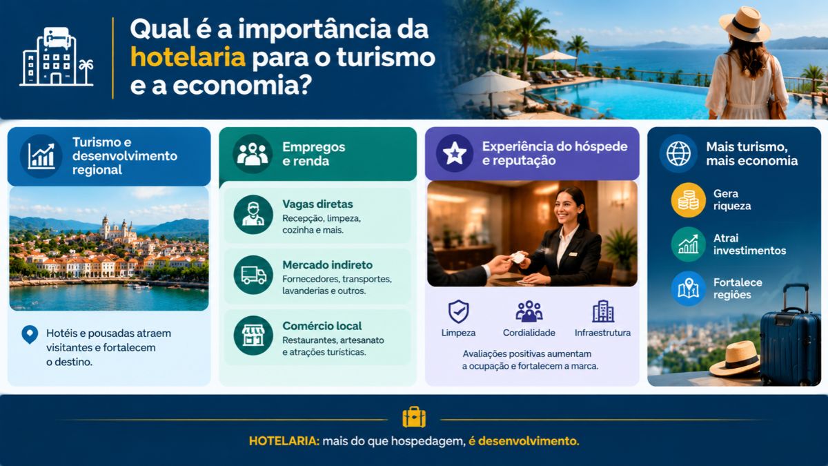 Infográfico sobre a importância da hotelaria para o turismo e a economia, destacando o desenvolvimento regional, a geração de empregos, a experiência do hóspede e o fortalecimento de marcas.
