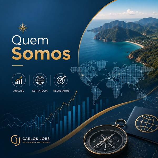 Infográfico institucional da empresa Carlos Jobs Inteligência em Turismo apresentando os pilares de análise, estratégia e resultados com mapa múndi, bússola e gráficos financeiros.