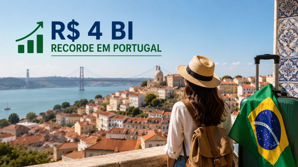 Infográfico com a imagem de uma turista brasileira de costas, com chapéu e mochila, observando a cidade de Lisboa e a Ponte 25 de Abril em um mirante com azulejos portugueses. Ao lado, uma mala verde com a bandeira do Brasil pendurada e, no canto superior esquerdo, um gráfico de barras verde com uma seta ascendente e o texto em destaque "R$ 4 BI RECORDE EM PORTUGAL", simbolizando o crescimento das receitas turísticas vindas do Brasil.