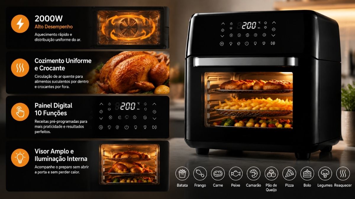 Fritadeira Air Fryer Forno Oven Mondial 12L com painel digital de 10 funções em destaque e infográficos detalhando a potência de 2000W, a circulação de ar quente e a iluminação interna.