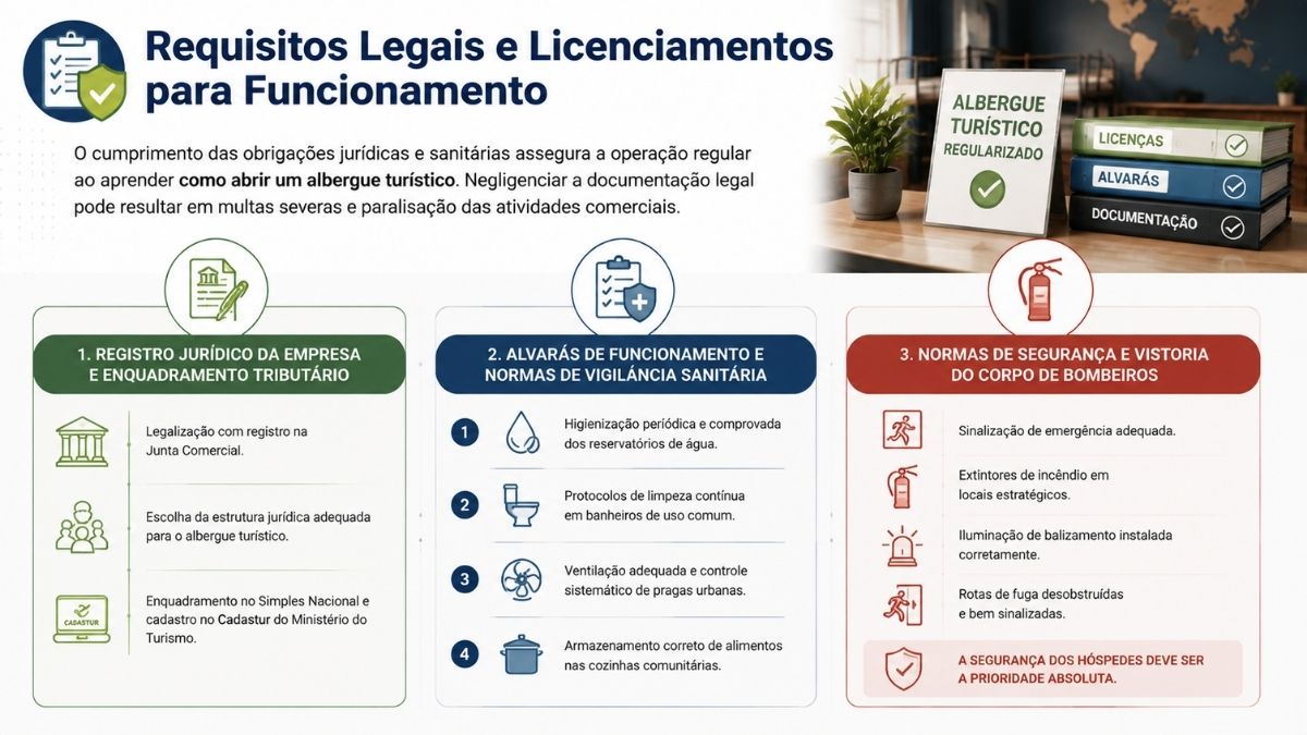 Infográfico detalhado sobre requisitos legais, licenças, alvarás da vigilância sanitária e vistoria do corpo de bombeiros para abrir um albergue turístico.