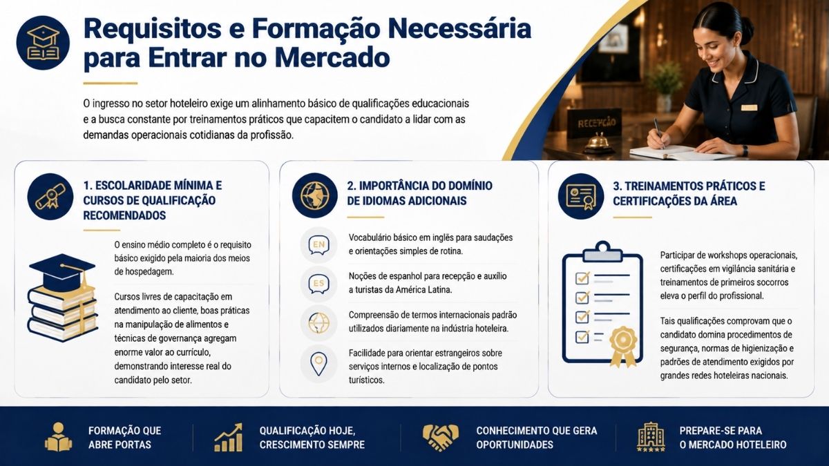 Infográfico detalhando requisitos e formação necessária para o mercado hoteleiro, incluindo escolaridade mínima, cursos de qualificação, idiomas adicionais e treinamentos práticos.
