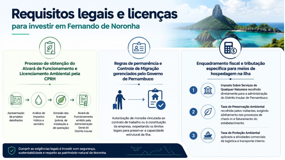 Infográfico detalhando os requisitos legais para investir em Fernando de Noronha com etapas sobre licenciamento ambiental da CPRH regras de permanência e enquadramento fiscal hoteleiro.