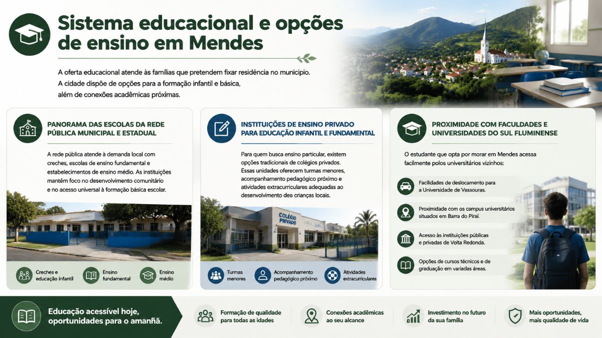 Infográfico explicativo sobre o sistema educacional em Mendes RJ destacando escolas públicas, colégios privados e proximidade com universidades no Sul Fluminense.
