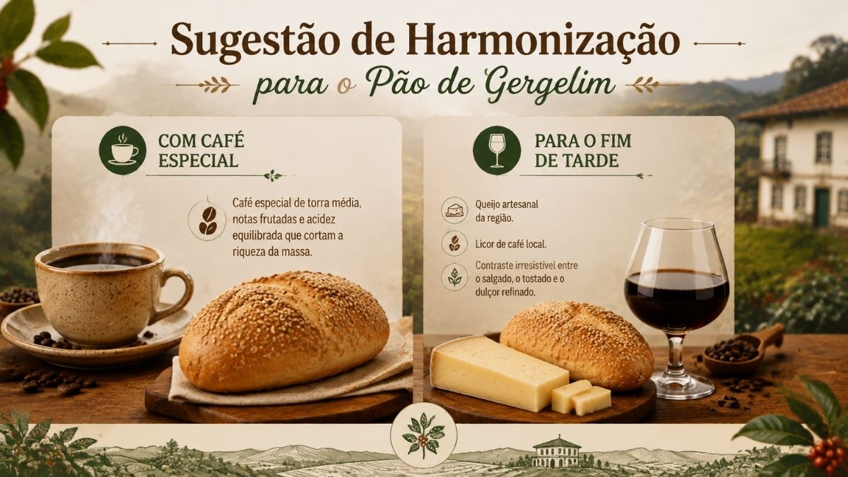 Pão de gergelim artesanal ao lado de xícara de café especial, queijo regional e taça de licor de café local.