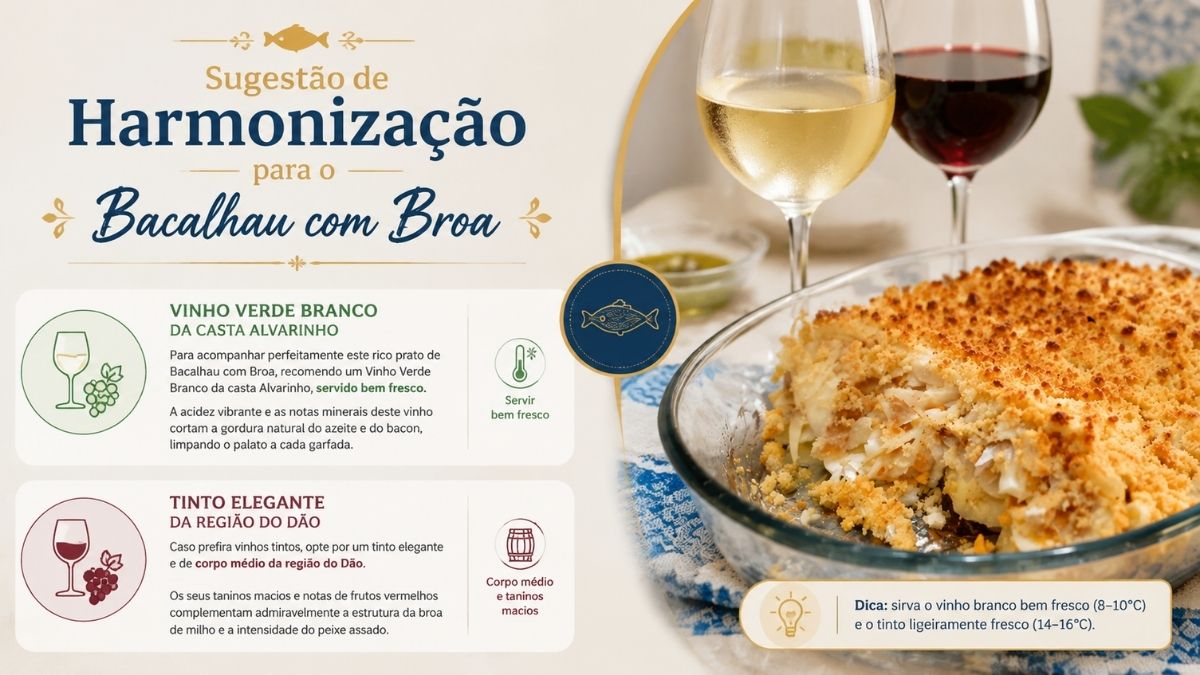 Infográfico com sugestões de harmonização de vinho verde branco Alvarinho e vinho tinto do Dão para acompanhar bacalhau com broa.