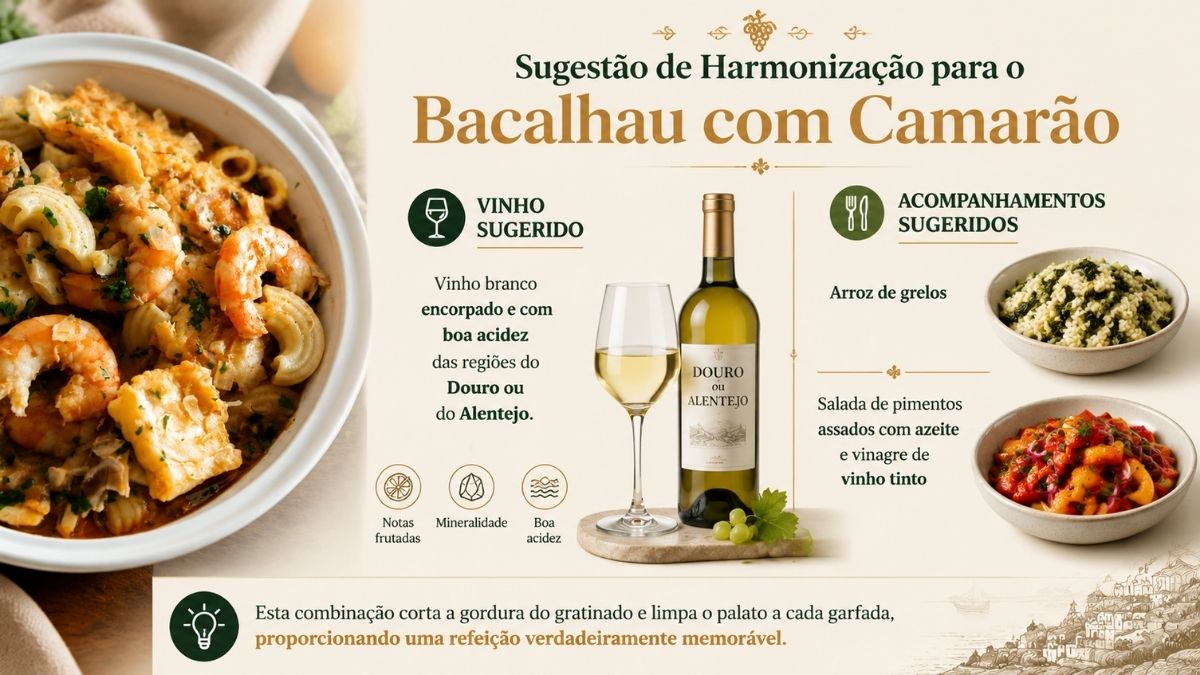 Infográfico com harmonização de bacalhau com camarão, garrafa de vinho branco do Douro ou Alentejo, arroz de grelos e salada de pimentos.