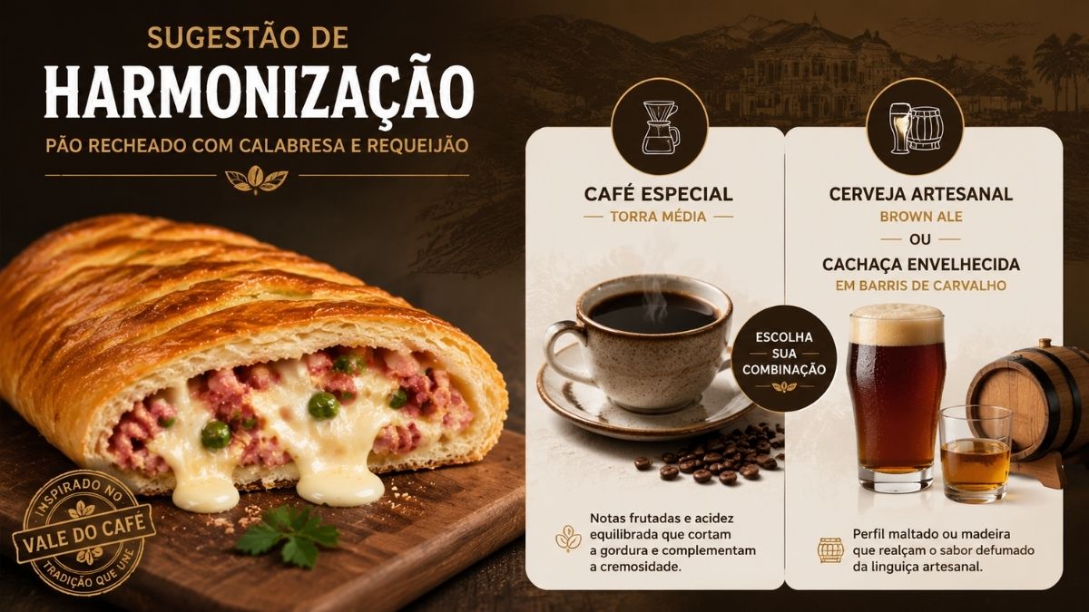 Infográfico com sugestões de harmonização para pão recheado com calabresa e requeijão mostrando um pão trançado recheado ao lado de uma xícara de café especial, um copo de cerveja artesanal Brown Ale e um copo de cachaça envelhecida.