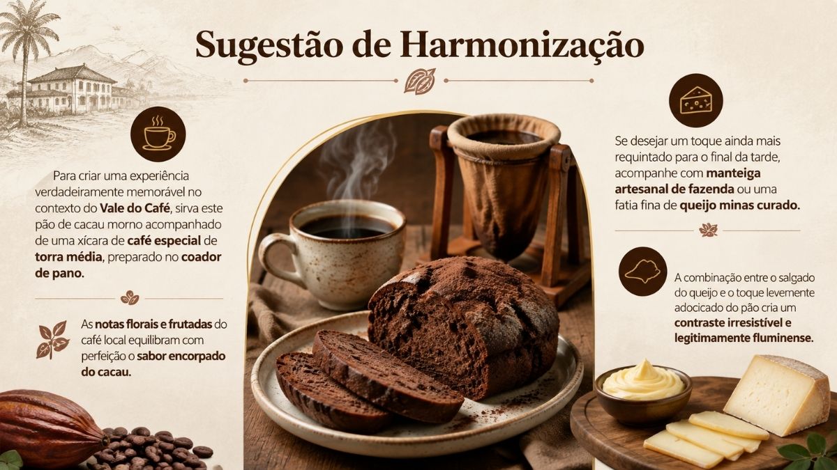 Infográfico sobre harmonização de pão de cacau morno acompanhado de café coado no pano, manteiga de fazenda e queijo minas curado.