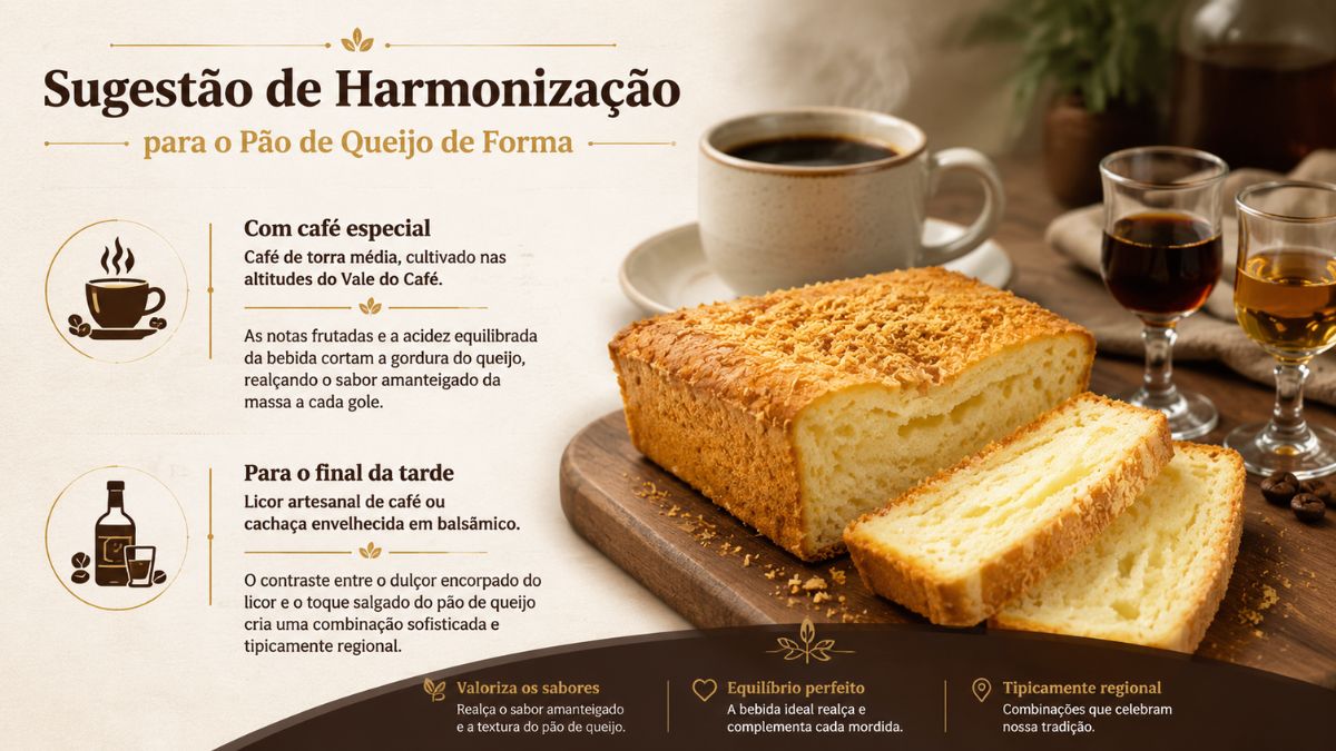 Um infográfico culinário mostrando um pão de queijo de forma caseiro e fatiado ao lado de uma xícara de café quente e dois copos pequenos com bebidas alcoólicas, tudo sobre uma superfície de madeira. O texto na imagem detalha sugestões de harmonização com café especial e licor artesanal.