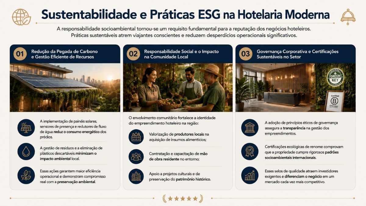 Infográfico sobre sustentabilidade na hotelaria, destacando redução da pegada de carbono, responsabilidade social com a comunidade local e certificações ESG.