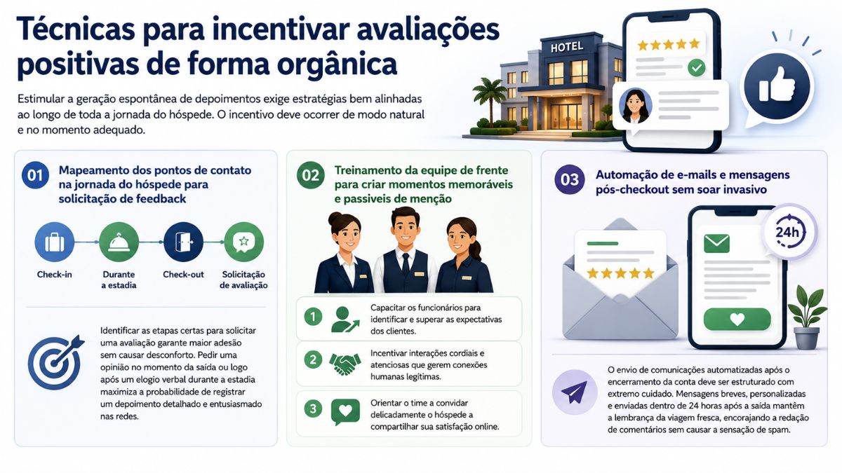 Infográfico explicativo sobre técnicas para incentivar avaliações positivas de forma orgânica no setor hoteleiro, abordando mapeamento da jornada do hóspede, treinamento da equipe e automação de mensagens pós checkout.