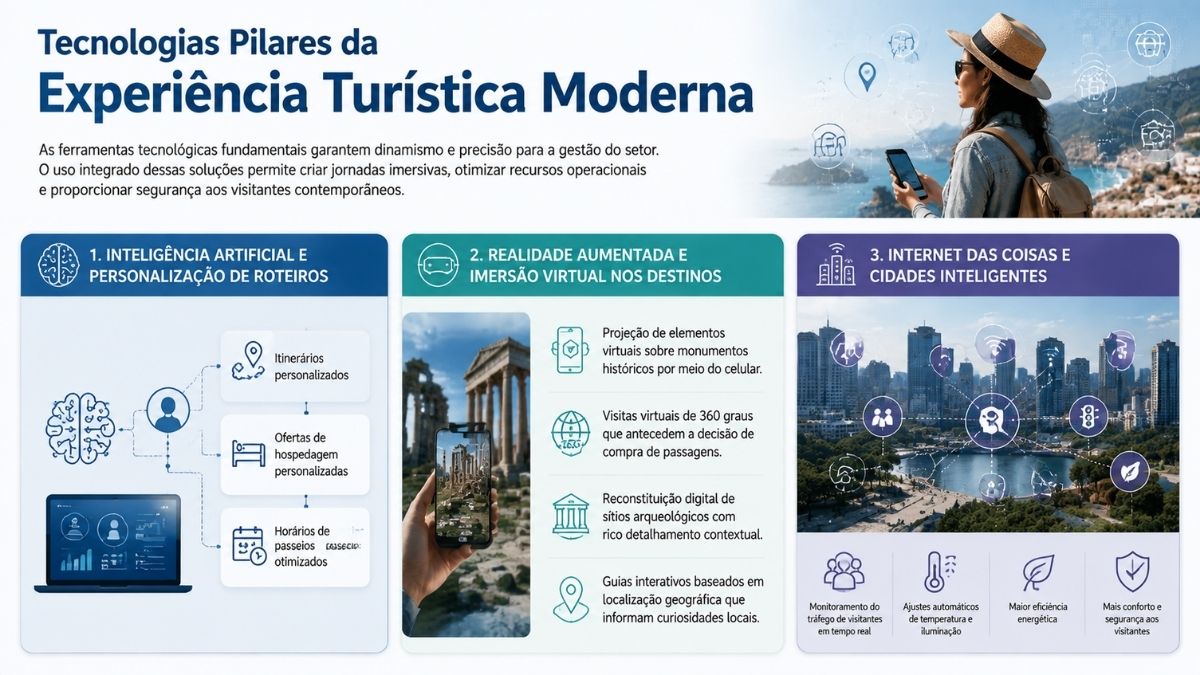 Infográfico detalhado sobre as tecnologias pilares da experiência turística moderna, apresentando aplicações práticas de inteligência artificial, realidade aumentada e internet das coisas em cidades inteligentes para otimizar itinerários e passeios.