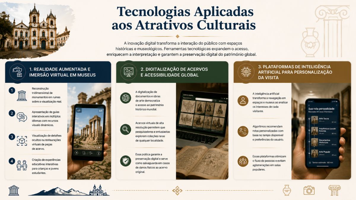Infográfico explicativo sobre tecnologias aplicadas aos atrativos culturais. No topo superior esquerdo, há uma foto de uma igreja barroca histórica em uma rua colonial de paralelepípedos. Ao centro, destaca-se o título principal em azul e um parágrafo que descreve como a inovação digital transforma a interação do público com espaços históricos e museológicos, expandindo o acesso e garantindo a preservação digital. O corpo da imagem é dividido em três blocos numerados. O primeiro bloco trata de realidade aumentada e imersão virtual em museus, cobrindo aspectos como reconstrução tridimensional, guias interativos, restaurações virtuais e experiências educativas, ilustrado por uma mão segurando um smartphone que projeta uma ruína antiga sobreposta à imagem real. O segundo bloco foca na digitalização de acervos e acessibilidade global, abordando a democratização do acesso, consultas remotas e salvaguarda do patrimônio, acompanhado por um notebook exibindo um acervo digital ao lado de um livro antigo aberto. O terceiro bloco abrange plataformas de inteligência artificial para personalização da visita, destacando itinerários sob medida, algoritmos de recomendação e otimização de fluxo, ilustrado por uma mão segurando um celular com um aplicativo de rotas personalizadas dentro de uma galeria de arte.