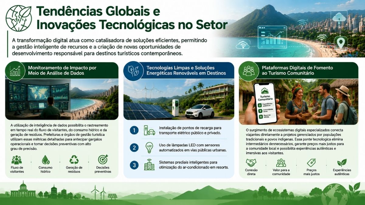 Infográfico detalhado sobre tendências globais e inovações tecnológicas no turismo sustentável, apresentando ferramentas para monitoramento de impacto com análise de dados, soluções energéticas renováveis e plataformas digitais de fomento ao turismo comunitário.