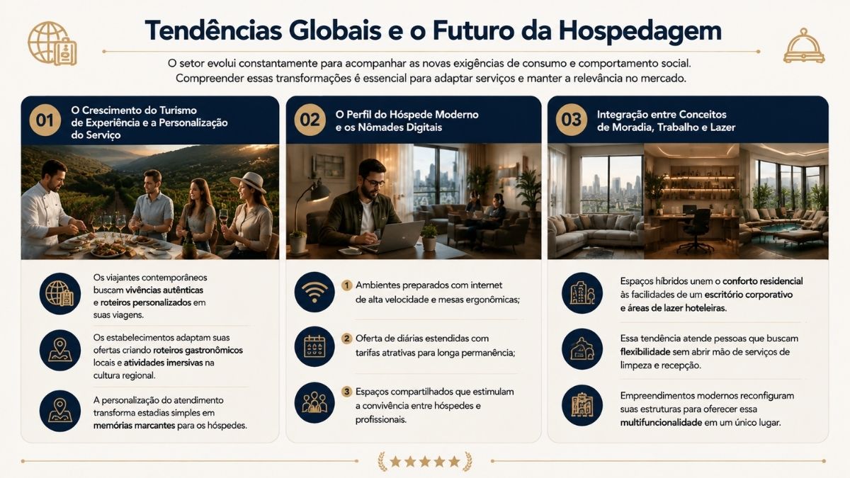 Infográfico sobre as tendências globais do setor hoteleiro, abordando turismo de experiência, nômades digitais e integração entre moradia, trabalho e lazer.