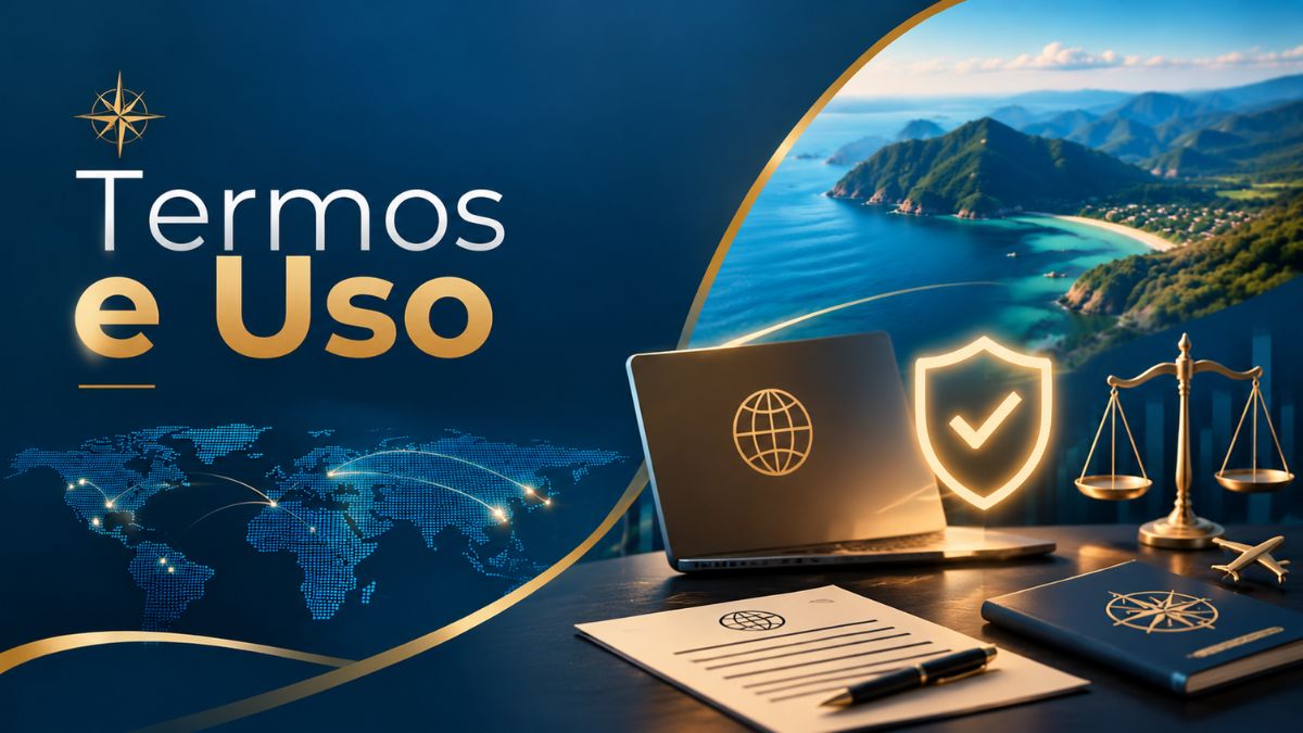 Banner de Termos de Uso com balança da justiça, escudo de proteção, notebook e paisagem de turismo sustentável.