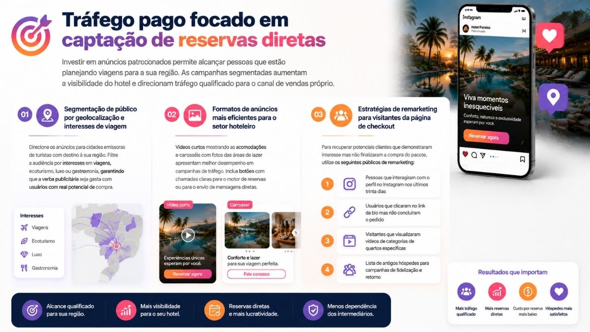 Infográfico sobre tráfego pago focado em captação de reservas diretas para hotéis, mostrando segmentação por geolocalização, formatos de anúncios eficientes e estratégias de remarketing para checkout.