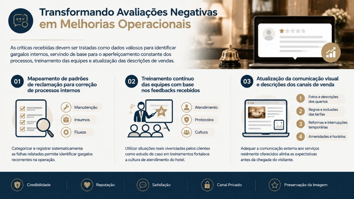 Infográfico sobre como transformar avaliações negativas de hotéis em melhorias operacionais por meio de mapeamento de falhas, treinamento de equipes e atualização de canais.