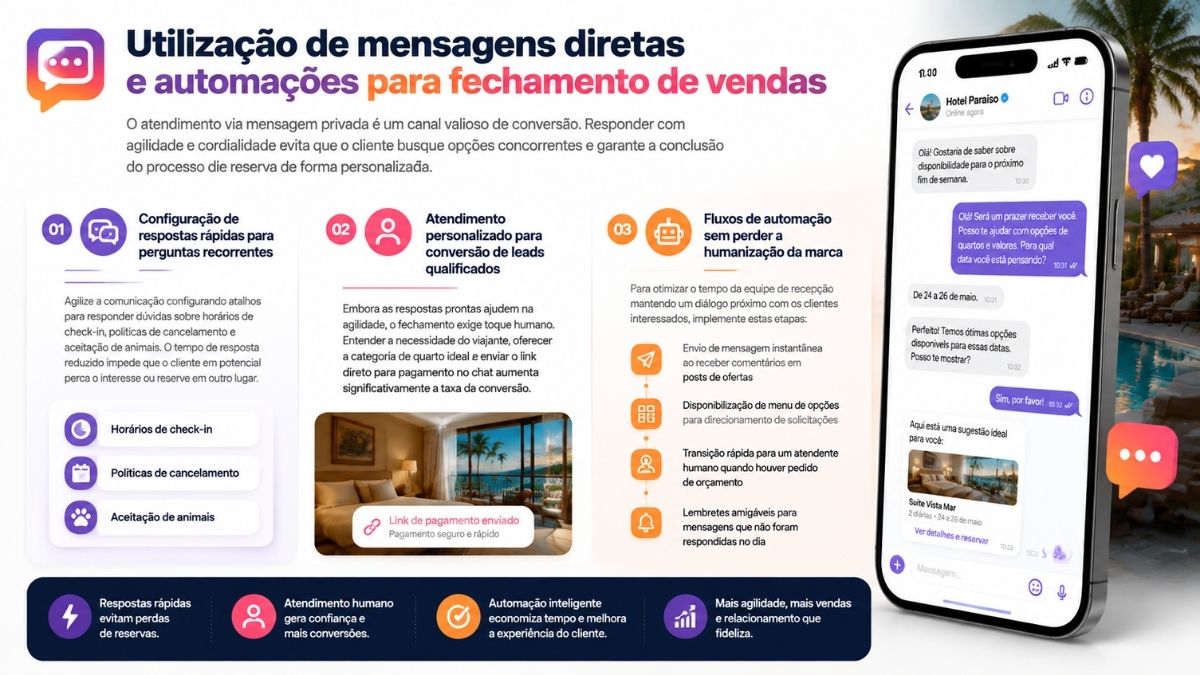 Infográfico explicativo sobre a utilização de mensagens diretas e automações para fechamento de vendas em hotéis, destacando respostas rápidas, atendimento personalizado e fluxos automatizados no Instagram.