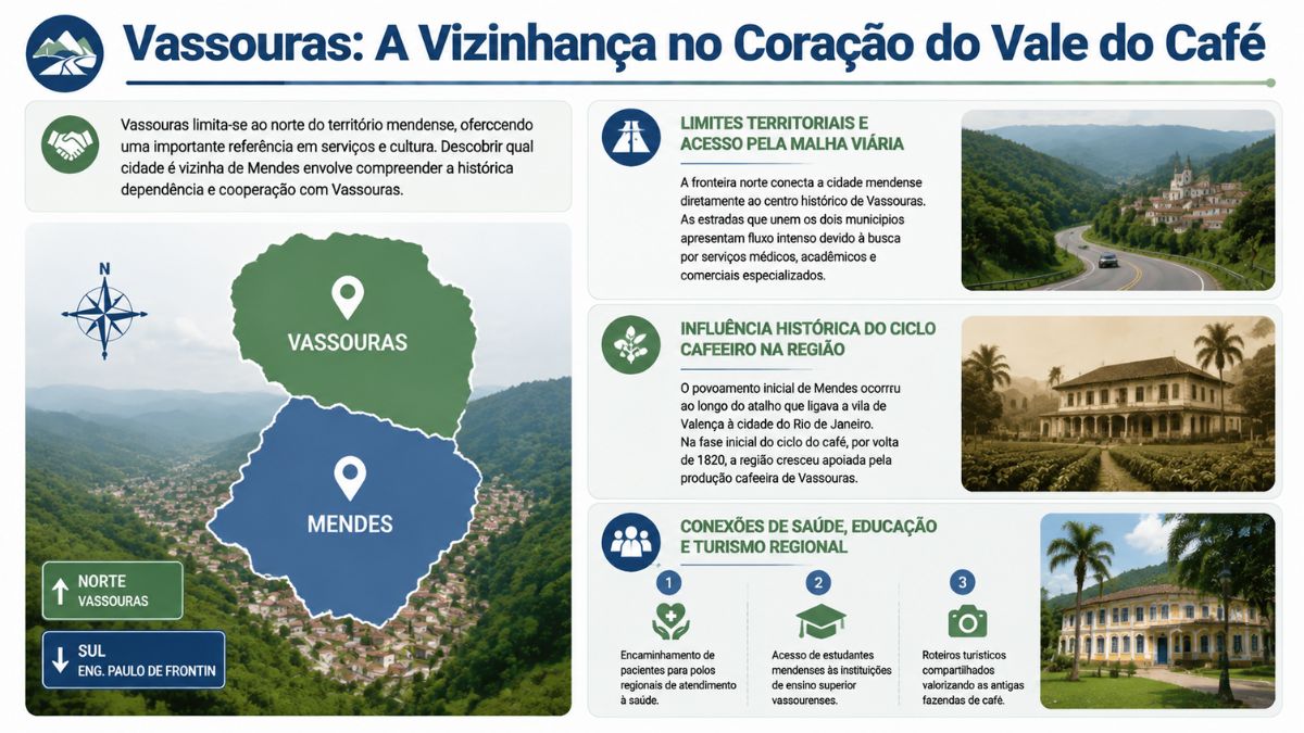 Infográfico explicativo sobre os limites territoriais, ciclo do café e conexões regionais de saúde e educação entre Vassouras e a cidade vizinha de Mendes.