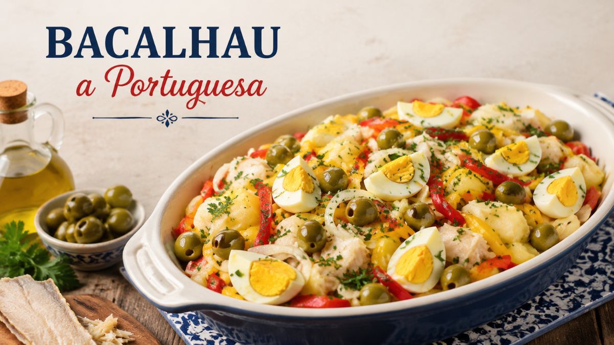 Bacalhau à portuguesa tradicional numa travessa de cerâmica com batatas, pimentos coloridos, cebola, azeitonas verdes, ovos cozidos e azeite.
