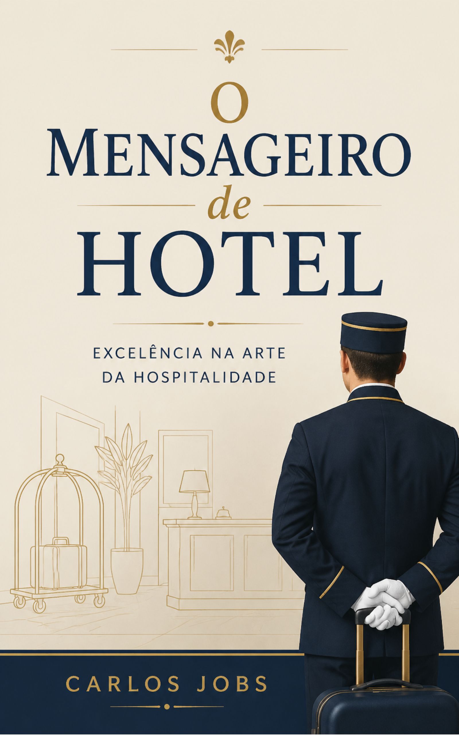 Capa do livro O Mensageiro de Hotel: Excelência na Arte da Hospitalidade, escrito por Carlos Jobs. A imagem mostra a ilustração de um mensageiro uniformizado de costas segurando uma mala, em um ambiente elegante de recepção hoteleira.