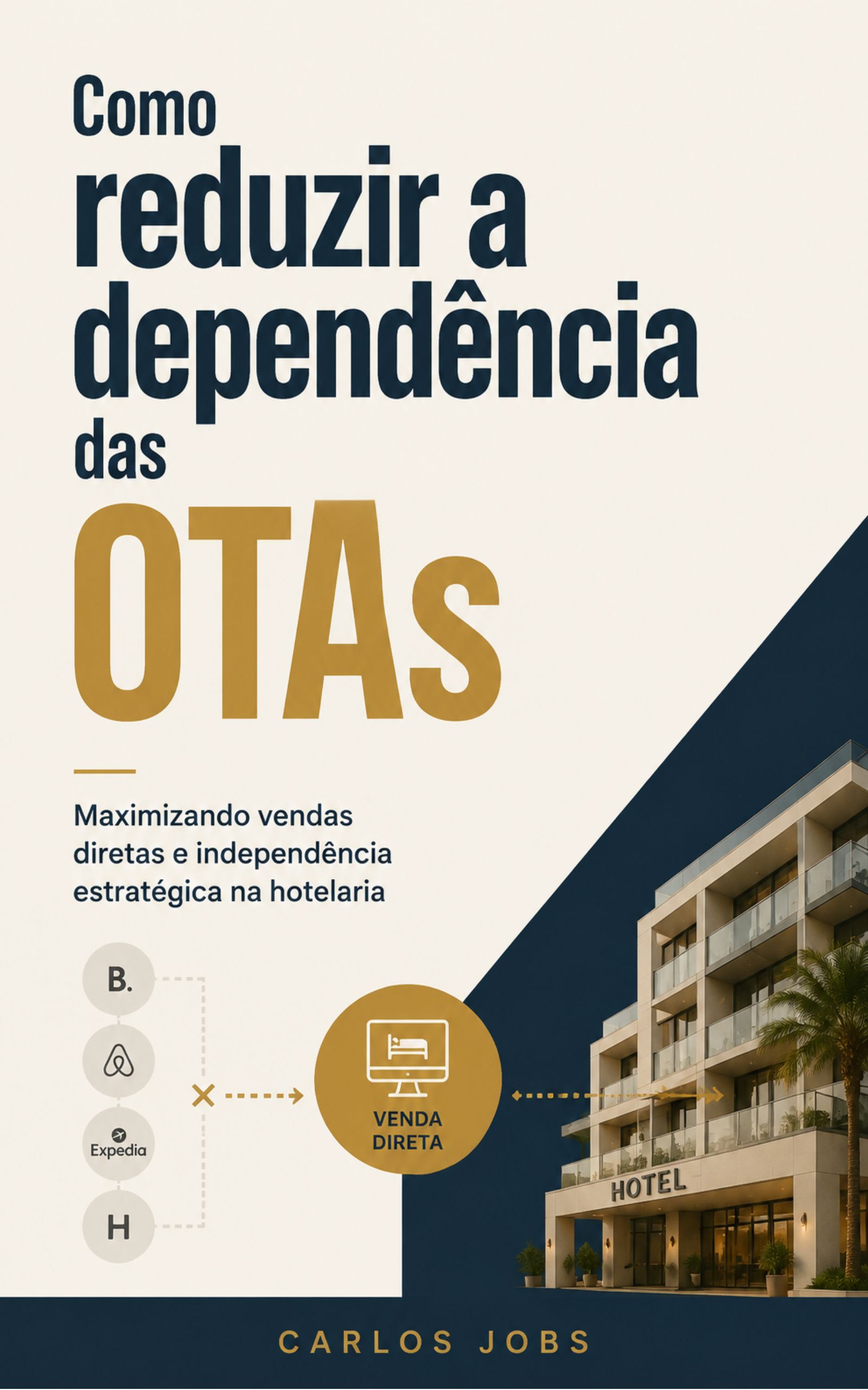 Capa do livro Como Reduzir a Dependência das OTAs, de Carlos Jobs, apresentando estratégias para aumentar vendas diretas e diminuir comissões na hotelaria.