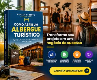 Capa do livro Como abrir um albergue turístico de Carlos N. Bento e Carlos Jobs ao lado de banner promocional com pilares de planejamento e gestão hoteleira.