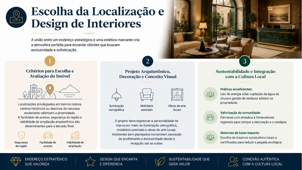 Infográfico sobre localização estratégica e design de interiores hoteleiro destacando arquitetura, decoração com mobiliário assinado, iluminação cenográfica e práticas de sustentabilidade.