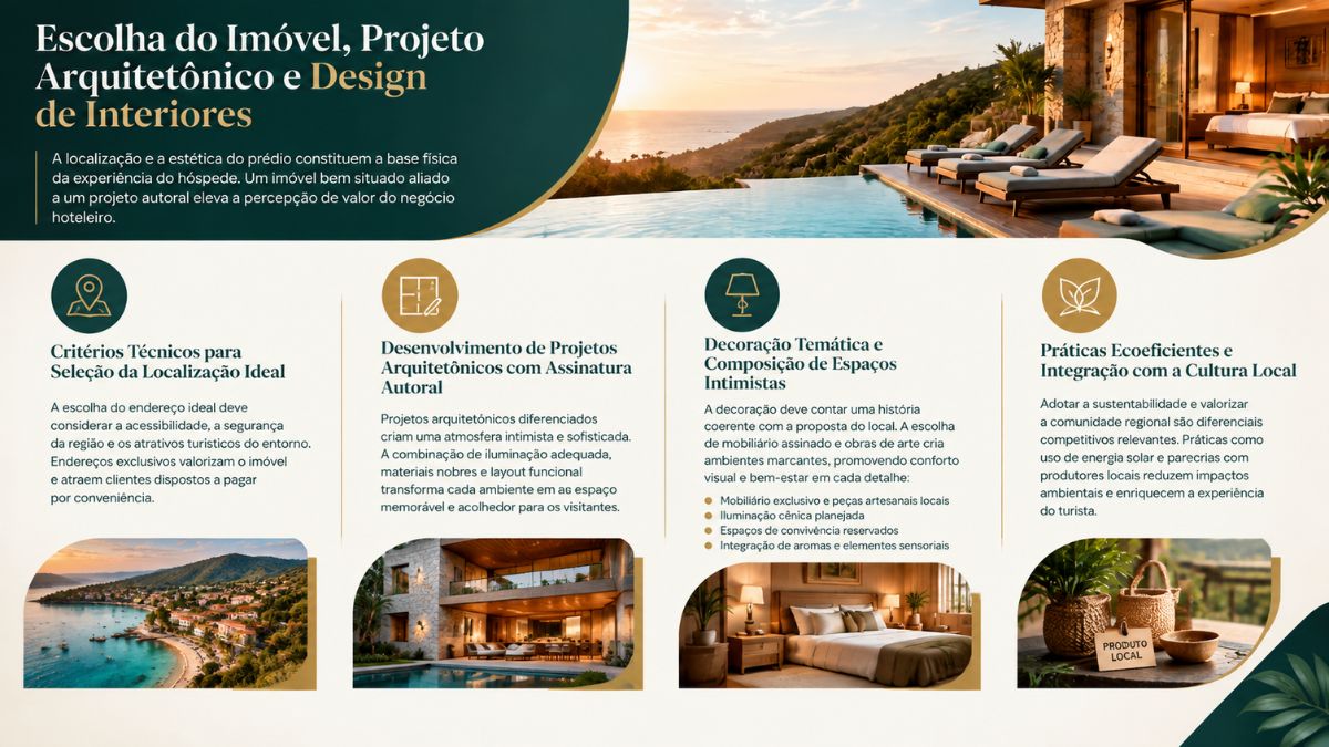 Infográfico explicativo sobre a escolha de imóvel, desenvolvimento de projetos arquitetônicos autorais, decoração temática e práticas ecoeficientes para abrir um Hotel Boutique.