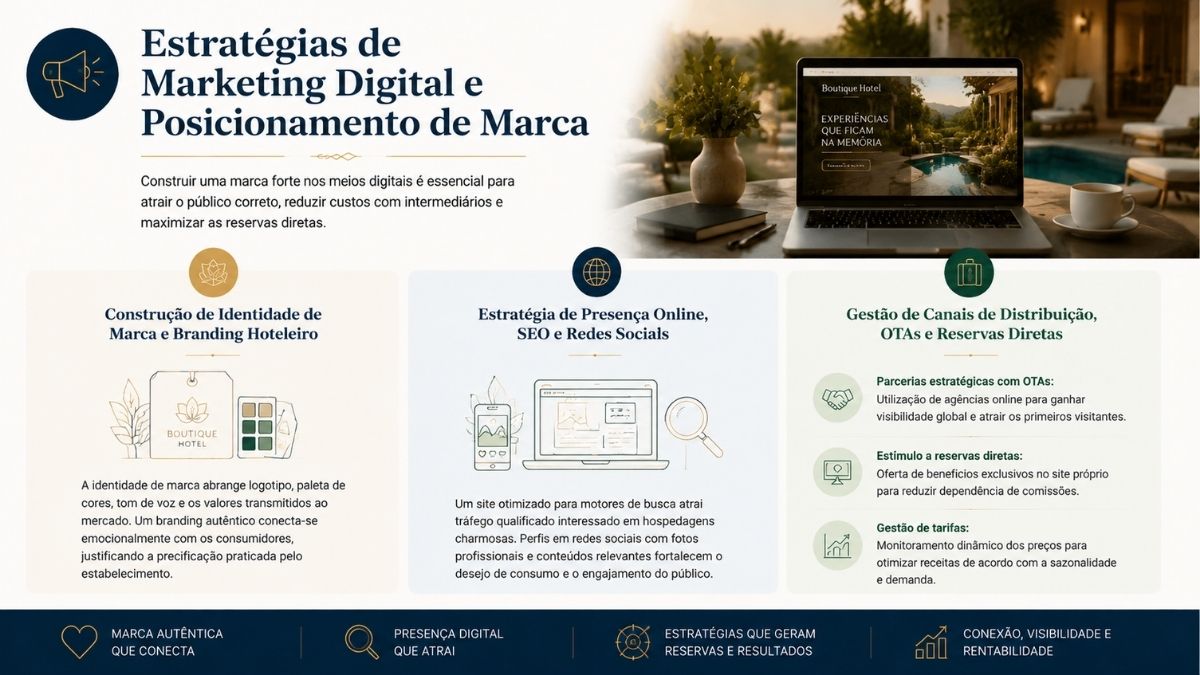 Infográfico sobre marketing digital hoteleiro mostrando construção de identidade de marca, presença online com SEO e redes sociais, além de gestão de canais de distribuição e reservas diretas.