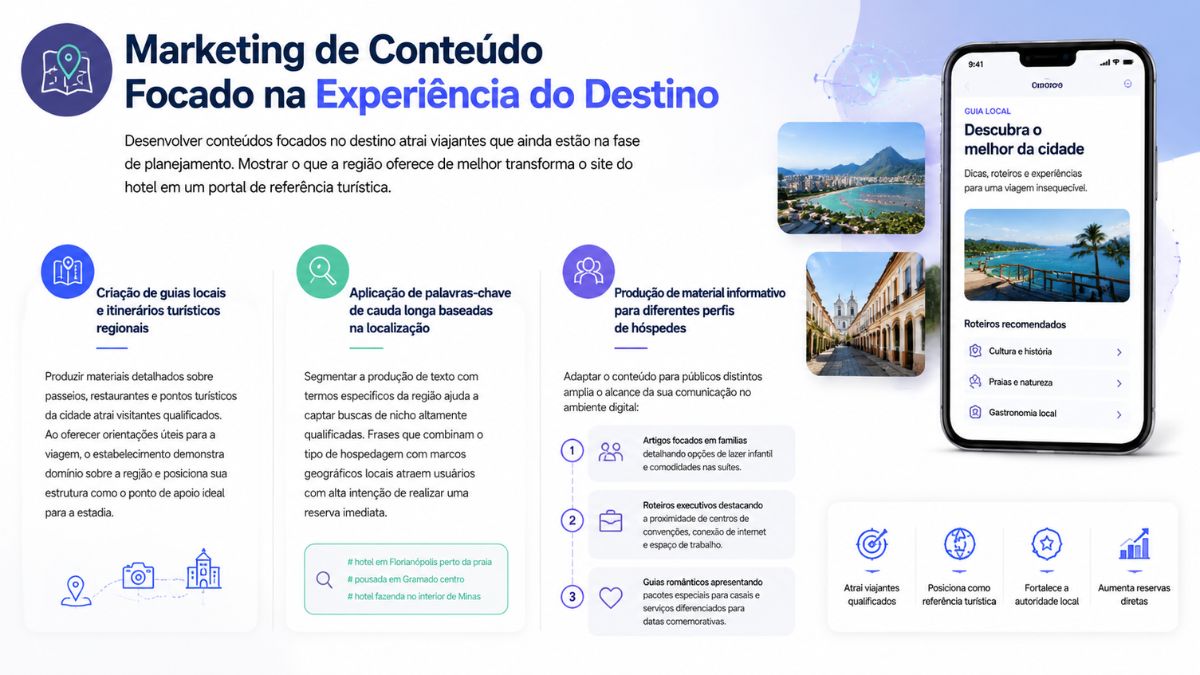 Infográfico sobre marketing de conteúdo hoteleiro focado na experiência do destino, mostrando criação de guias locais, palavras-chave de cauda longa e simulação de roteiro em smartphone.