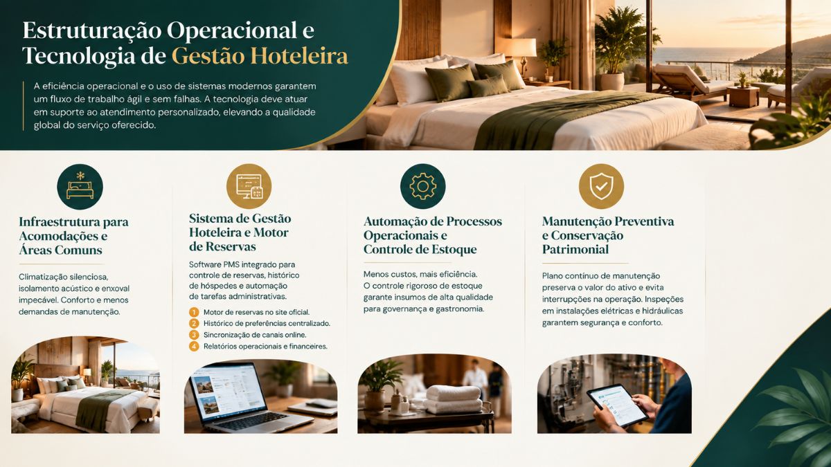Infográfico explicativo sobre estruturação operacional, software de gestão PMS, motor de reservas, automação de processos e manutenção preventiva para abrir um Hotel Boutique.