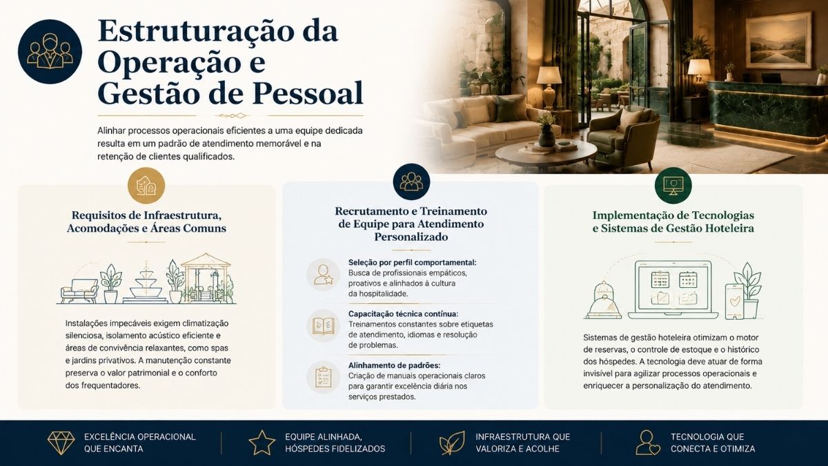 Infográfico sobre operação hoteleira e gestão de pessoal detalhando infraestrutura de acomodações, recrutamento de equipes, treinamentos e sistemas de gestão.