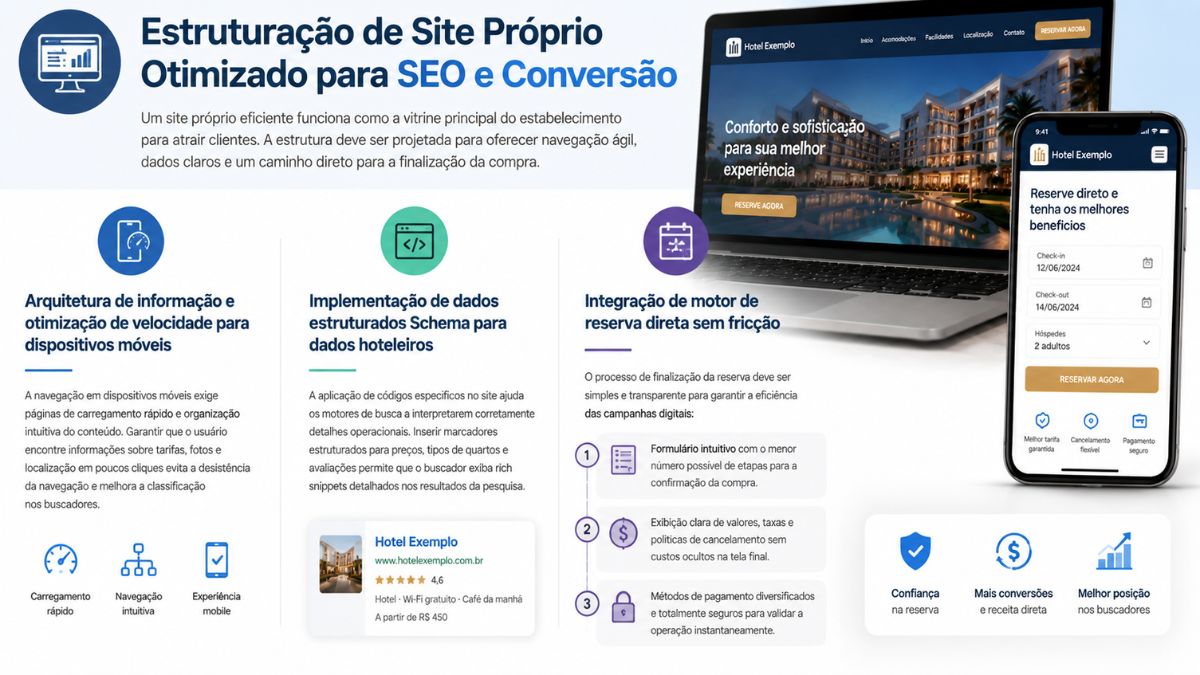 Infográfico sobre estruturação de site próprio para hotéis, detalhando arquitetura de informação mobile, dados estruturados Schema, motor de reservas e exibição em notebook e celular.