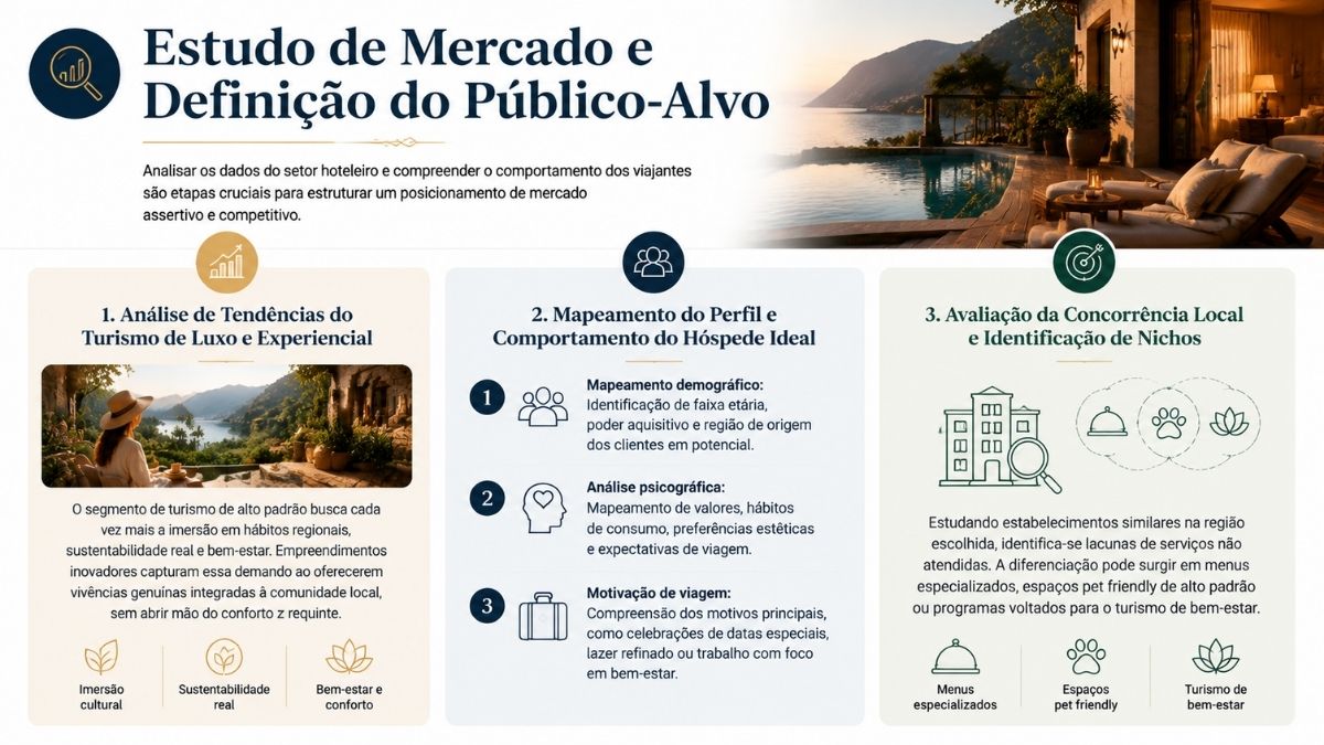 Infográfico sobre estudo de mercado hoteleiro detalhando análise de tendências do turismo de luxo, mapeamento do perfil do hóspede ideal e avaliação da concorrência local.