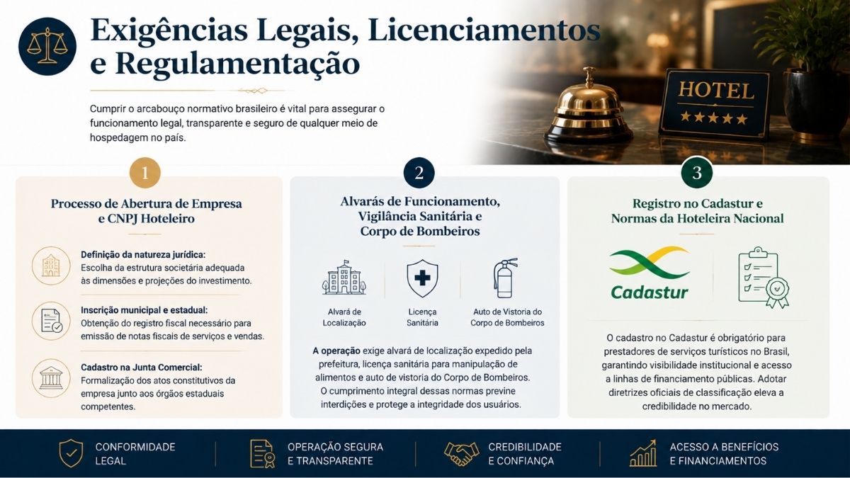 Infográfico sobre regulamentação hoteleira mostrando o processo de abertura de empresa com CNPJ, alvarás de funcionamento, vigilância sanitária, bombeiros e registro no Cadastur.
