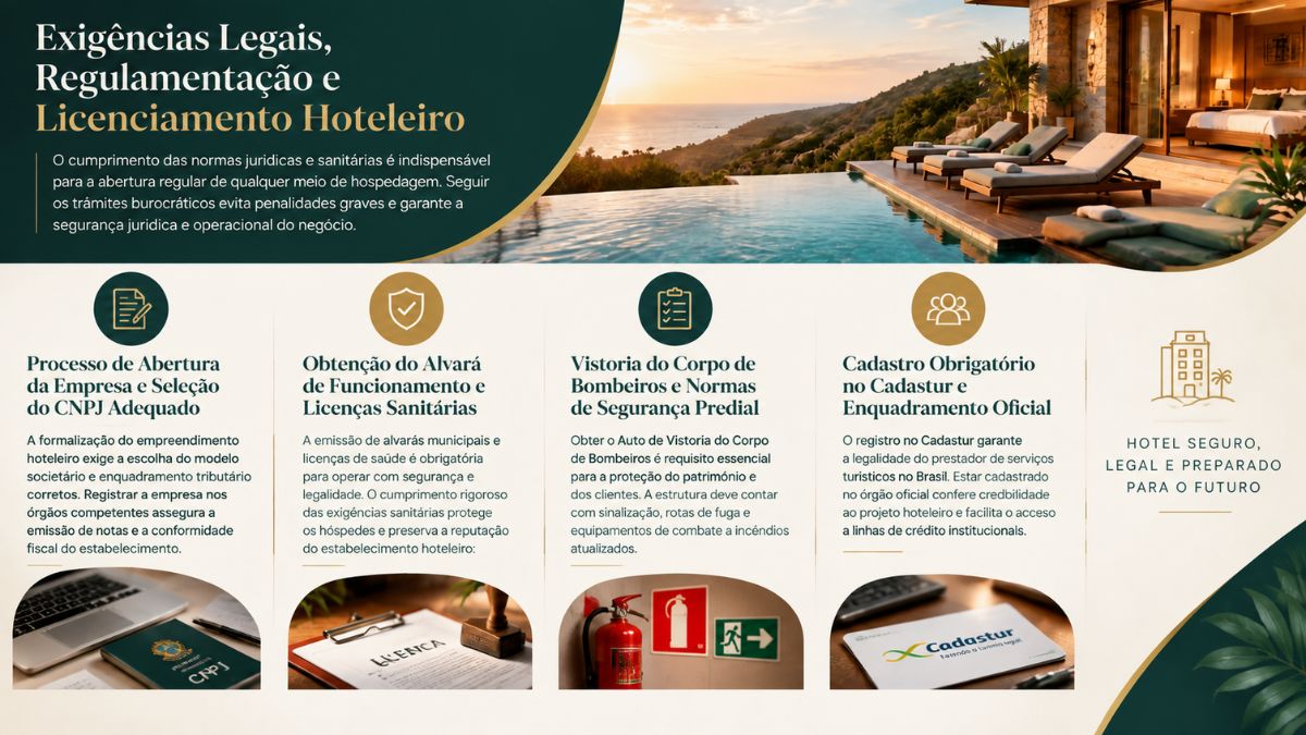 Infográfico informativo detalhando o passo a passo de exigências legais, alvará de funcionamento, licenças sanitárias, vistoria do Corpo de Bombeiros e cadastro no Cadastur para abrir um Hotel Boutique.