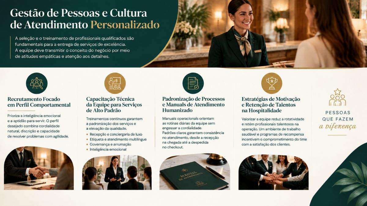 Infográfico explicativo sobre gestão de pessoas, recrutamento comportamental, capacitação técnica, manuais de atendimento e retenção de talentos na hospitalidade para abrir um Hotel Boutique.