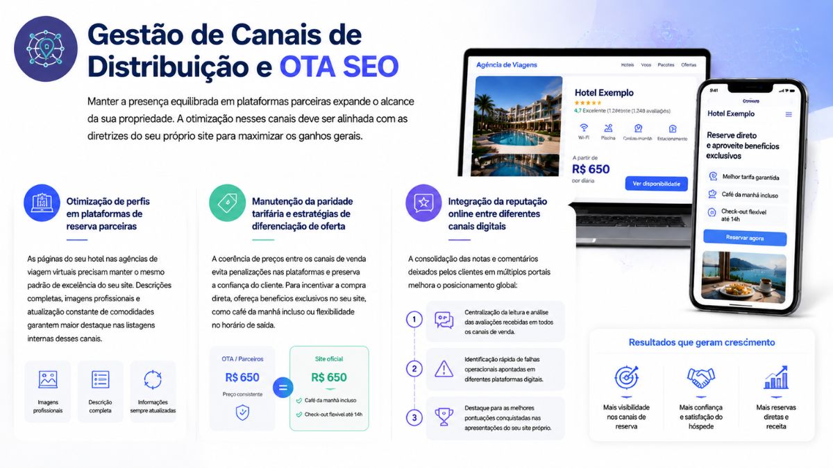 Infográfico sobre gestão de canais de distribuição e OTA SEO na hotelaria, abordando paridade tarifária, integração de reputação e exibição em notebook e smartphone.