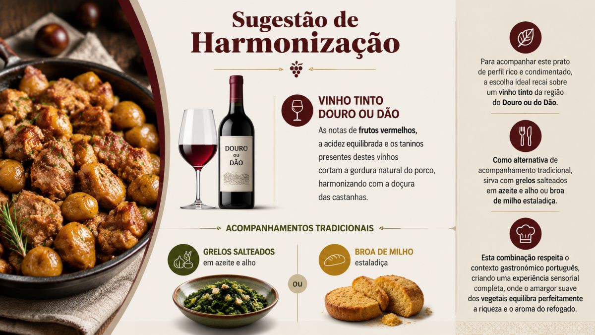 Infográfico explicativo sobre harmonização de vinho tinto do Douro e acompanhamentos tradicionais como grelos salteados para rojões com castanhas.