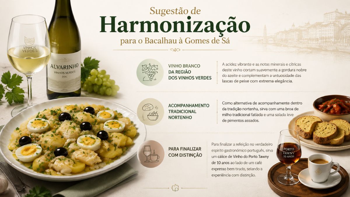 Infográfico com sugestões de harmonização para Bacalhau à Gomes de Sá incluindo vinho branco Alvarinho, broa de milho, salada de pimentos e Vinho do Porto.