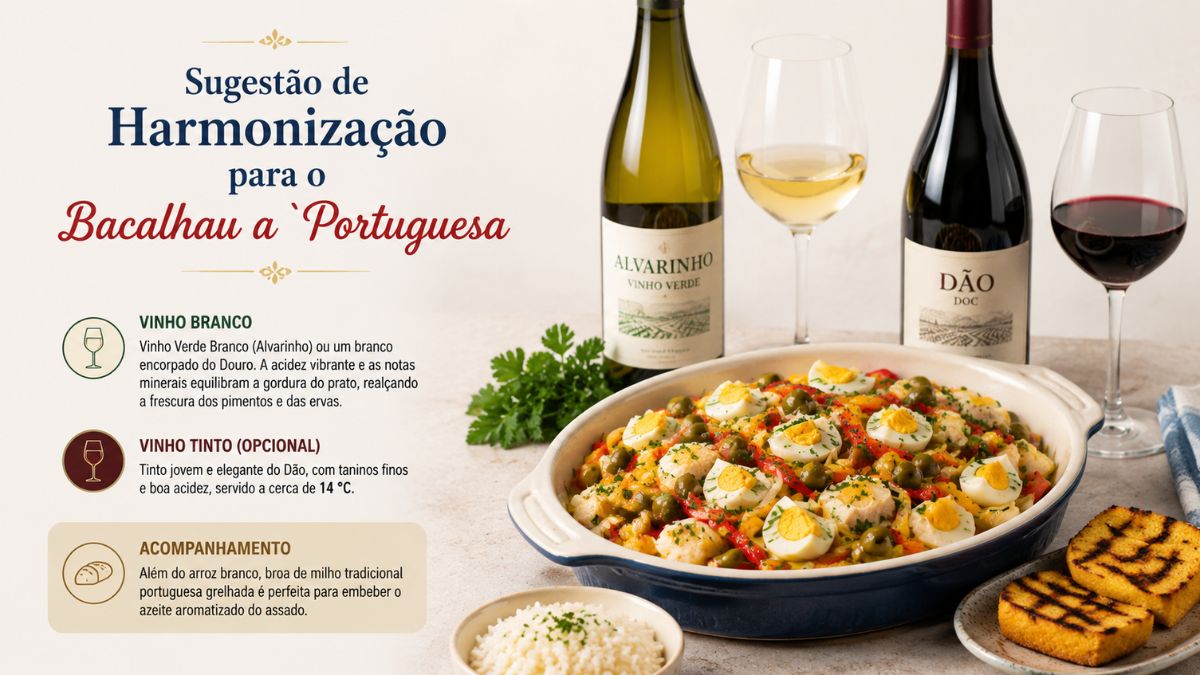 Guia de harmonização para bacalhau à portuguesa com garrafas e copos de vinho branco Alvarinho e vinho tinto do Dão, acompanhados por broa de milho grelhada e arroz.