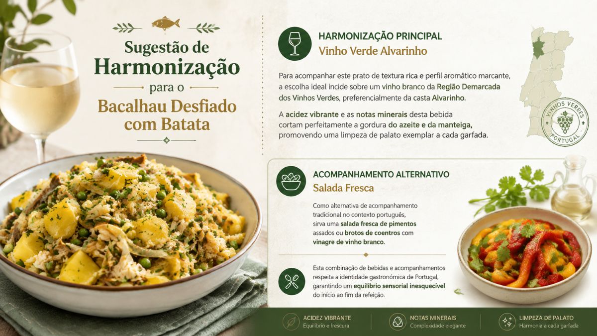 Infográfico com sugestões de harmonização de vinho verde Alvarinho e salada fresca para acompanhar bacalhau desfiado com batata.